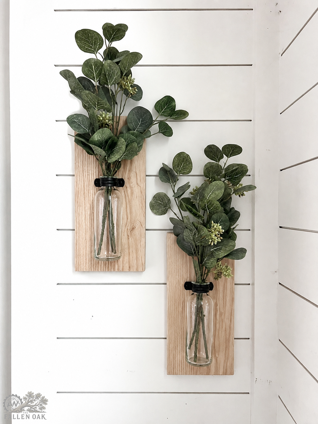 Handcrafted Wood Wall Sconces – Set of 2 with Glass Bud Vases and Eucalyptus