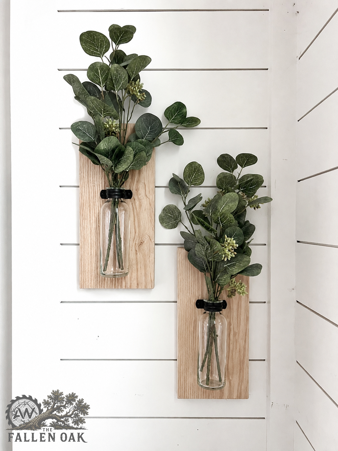 Rustic Wood Wall Sconces with Glass Vases – Set of 2