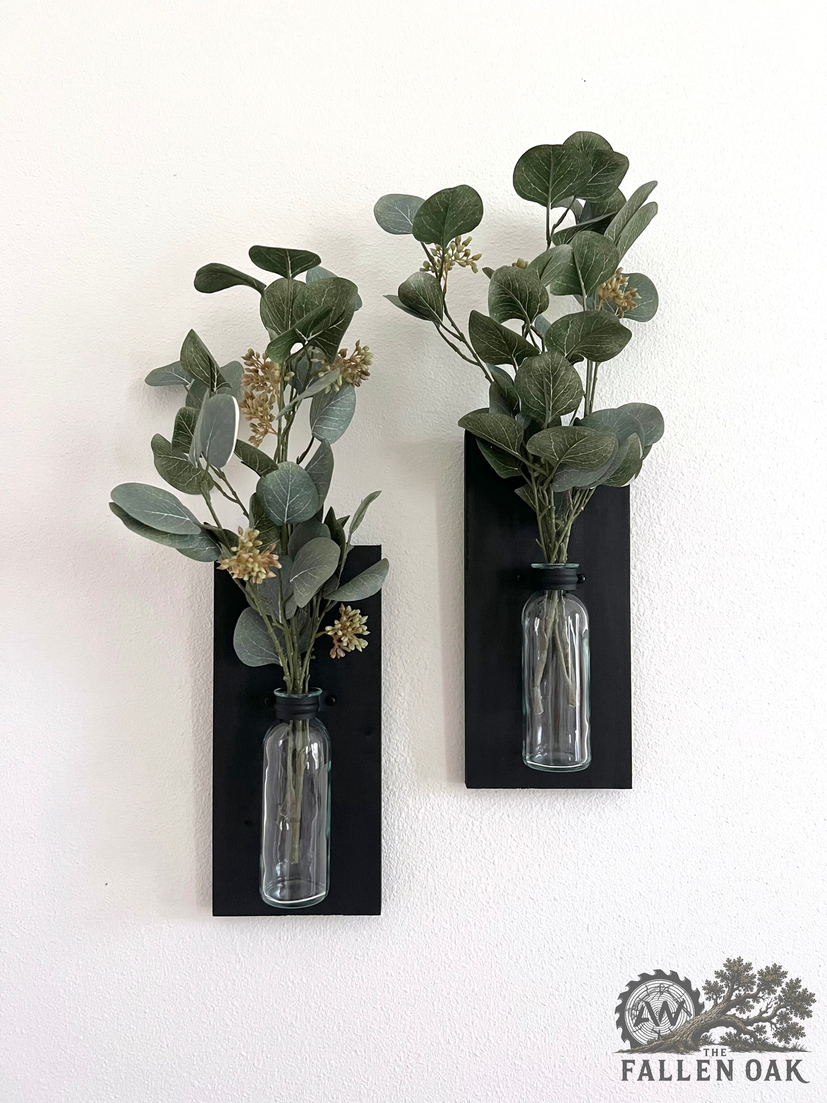 Rustic Wood Wall Sconces with Glass Vases – Set of 2