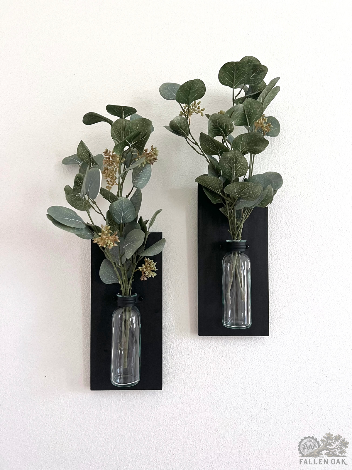 Handcrafted Wood Wall Sconces – Set of 2 with Glass Bud Vases and Eucalyptus
