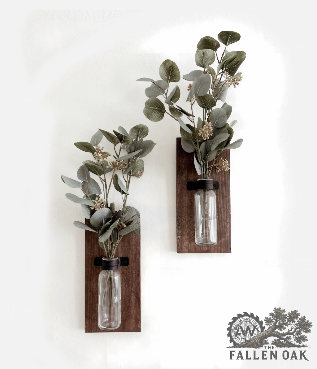 Rustic Wood Wall Sconces with Glass Vases – Set of 2