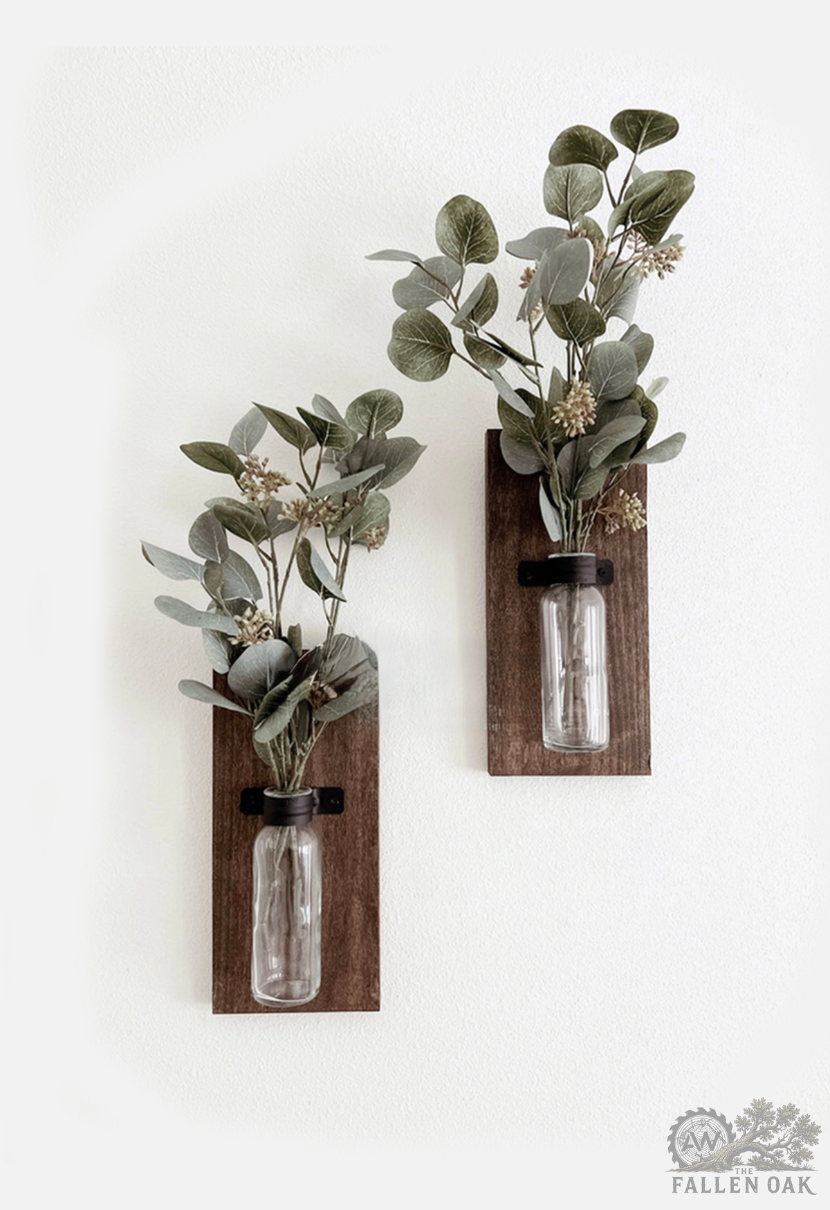 Handcrafted Wood Wall Sconces – Set of 2 with Glass Bud Vases and Eucalyptus