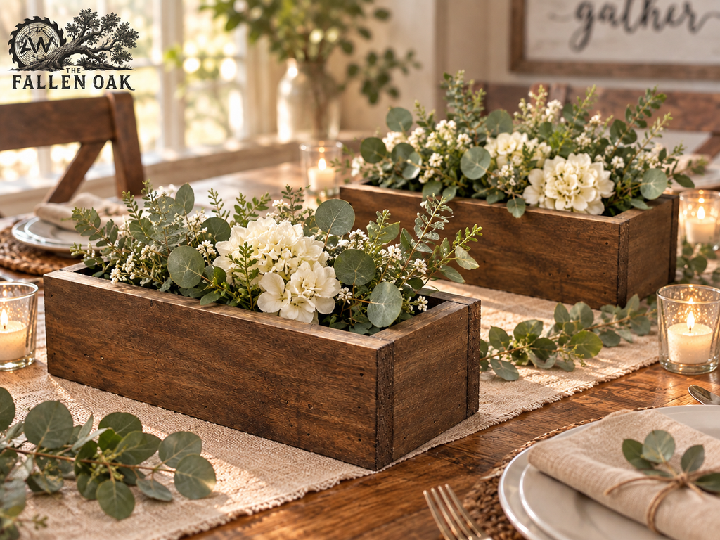 Rustic Wood Centerpiece & Planter Boxes – Set of 2