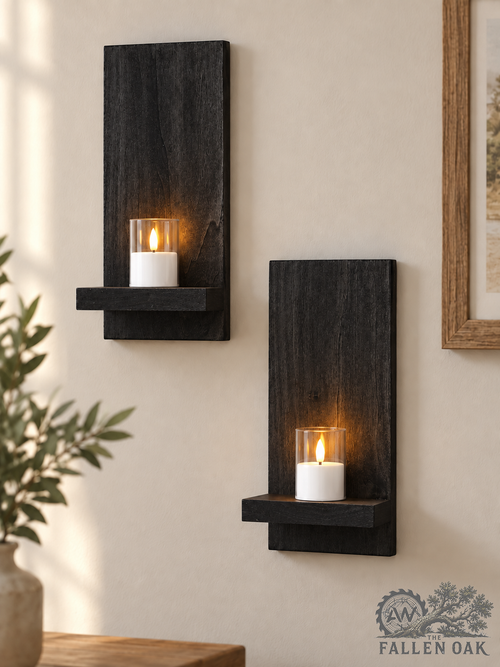 Rustic Wood Candle Wall Sconces with LED Candles – Set of 2