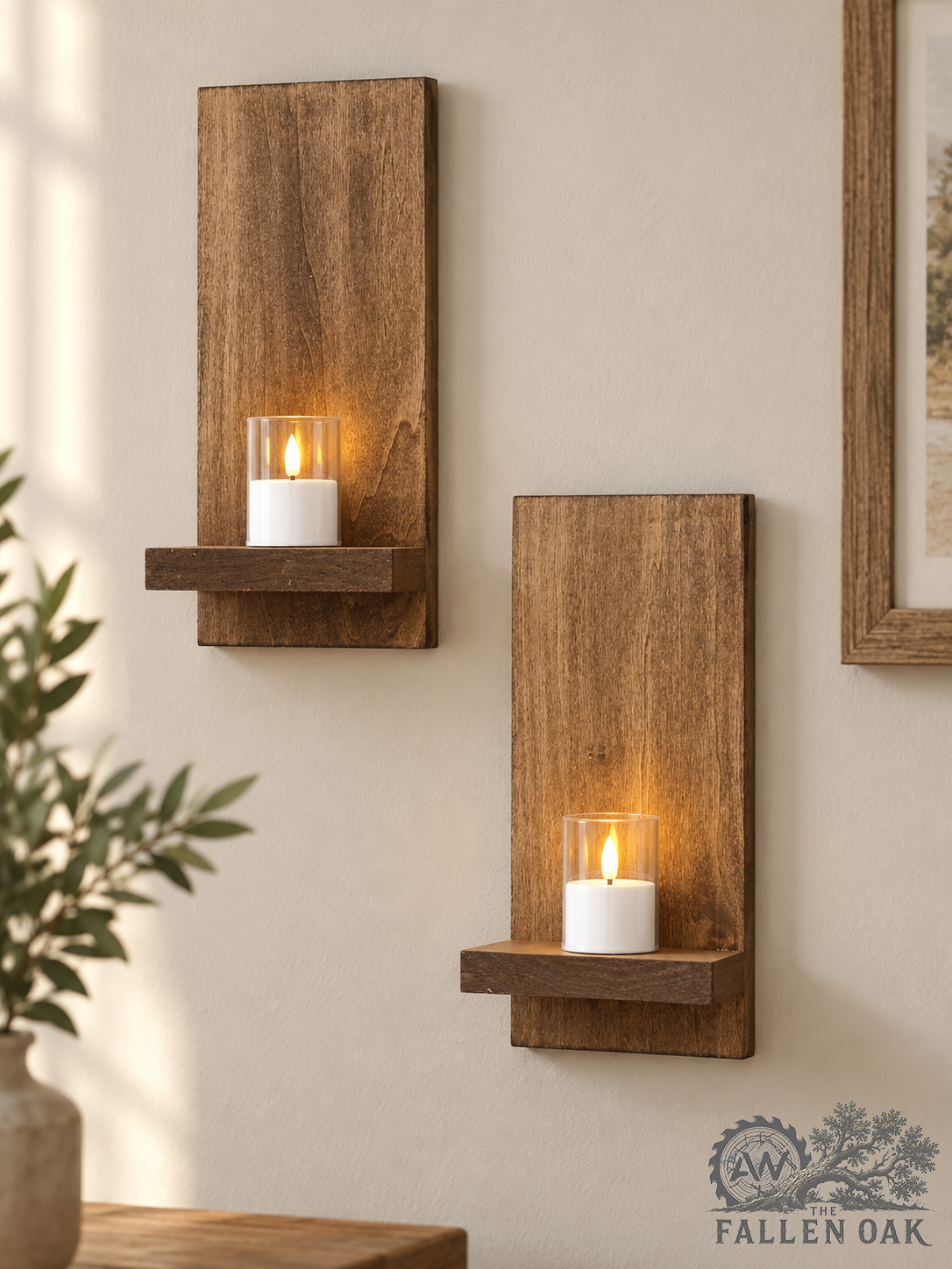 Rustic Wood Candle Wall Sconces with LED Candles – Set of 2