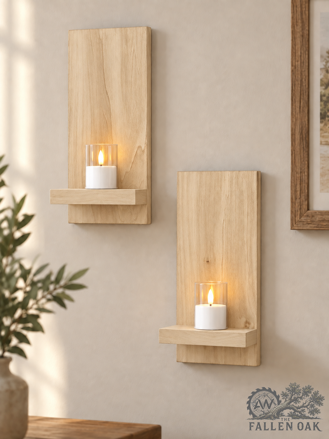 Rustic Wood Candle Wall Sconces with LED Candles – Set of 2