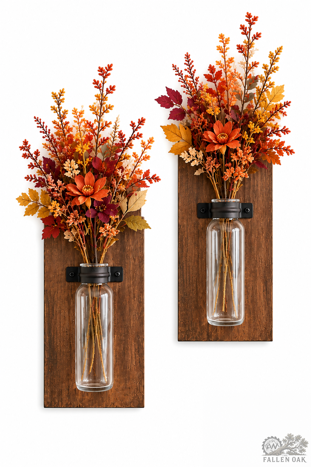 Handcrafted Wood Wall Sconces – Set of 2 with Glass Bud Vases and Eucalyptus