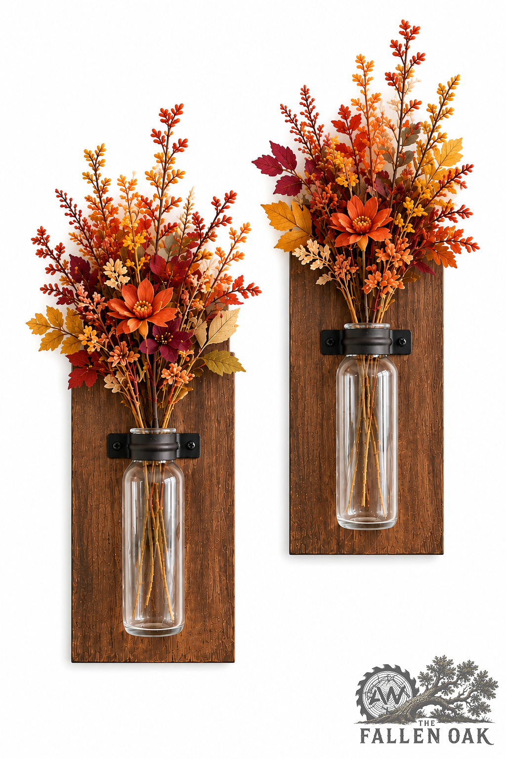 Rustic Wood Wall Sconces with Glass Vases – Set of 2