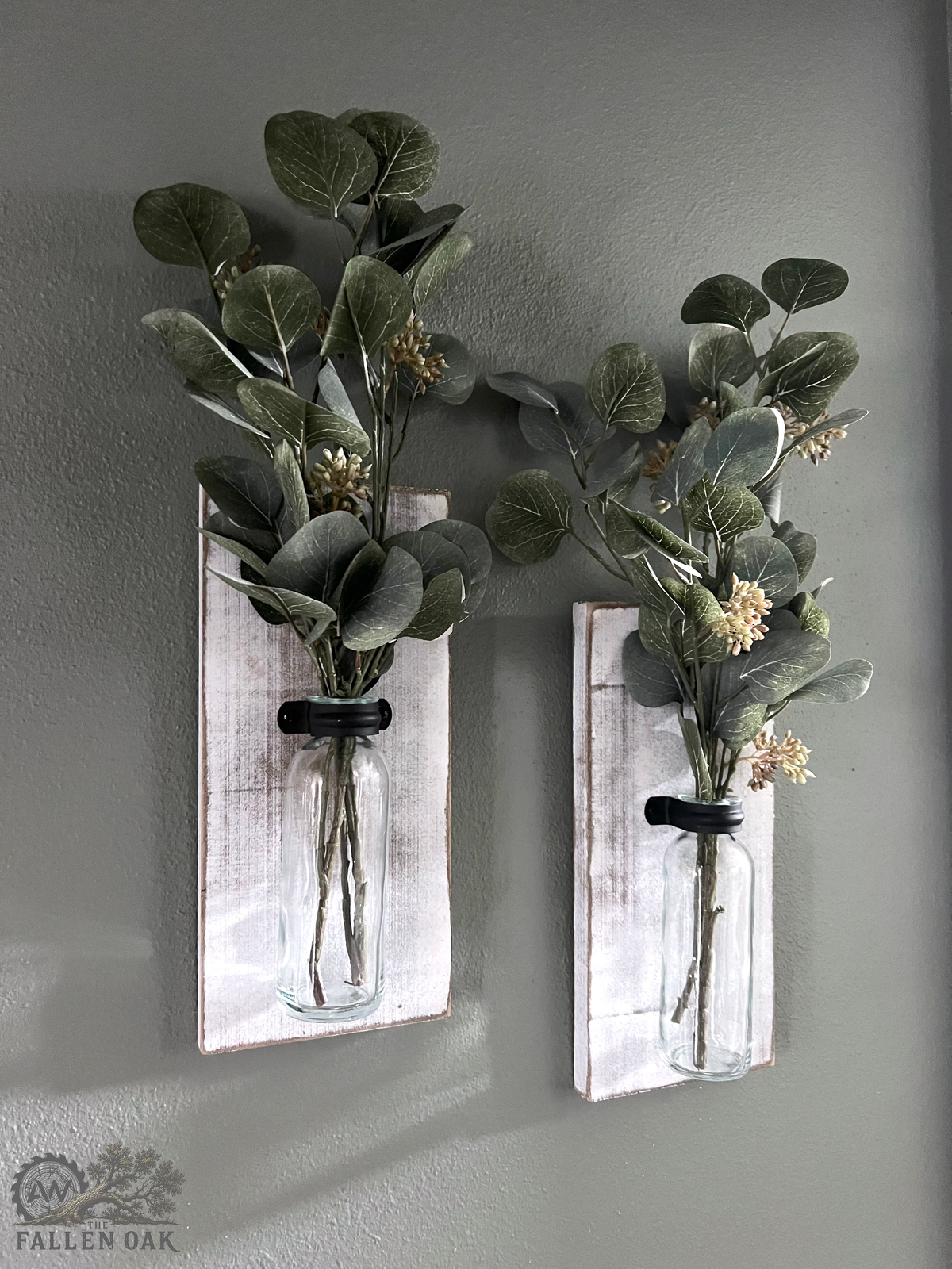 Handcrafted Wood Wall Sconces – Set of 2 with Glass Bud Vases and Eucalyptus